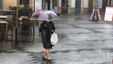 Una mujer bajo la lluvia con un paraguas