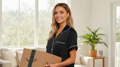 Una mujer con el pijama&nbsp;LILLUSORY sostiene una caja de Amazon