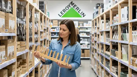 Una mujer en una tienda Leroy Merlin con el soporte de bamb&uacute; para tablas, platos y manteles