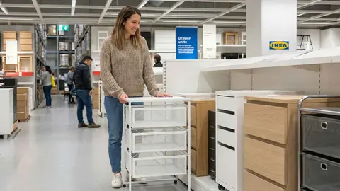 Una mujer con la cajonera LENNART de Ikea