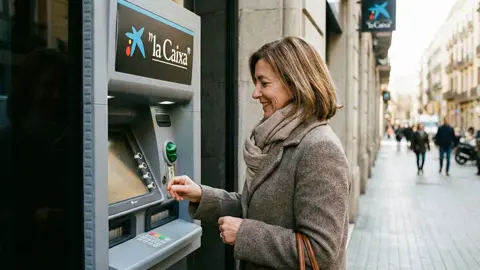 Una pensionista acude a un cajero de La Caixa para retirar su pensi&oacute;n