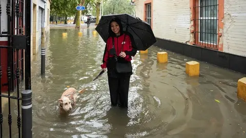 Calles anegadas de agua tras las lluvias torrenciales este mi&eacute;rcoles en Sevilla