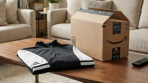 Caja de compra de Amazon junto a una sudadera de Adidas