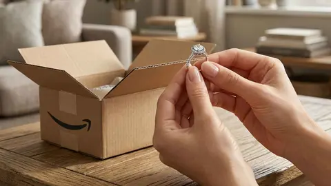 Joya de Pandora junto a una caja de compra de Amazon