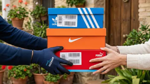 Un repartidor de Amazon entrega tres cajas de zapatillas de Nike, Adidas y Puma