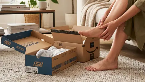 Una mujer junto a una caja de Skechers y una caja de Amazon