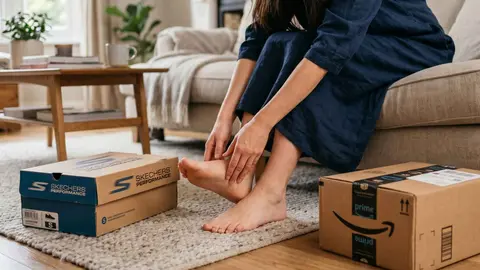 Una caja de Skechers junto a una caja de compra de Amazon