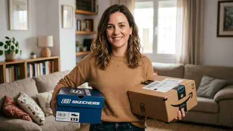 Una mujer sosteniendo una caja de Skechers y una de Amazon