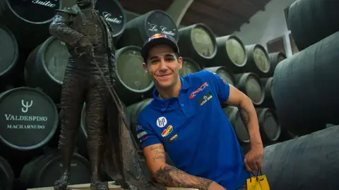 JEREZ DE LA FRONTERA, SPAIN - MAY 01:  Luis Salom of Spain and Pons HP40 poses during the pre-event "MotoGP riders visit Bodegas Jos Estevez in Jerez" during the MotoGp of Spain - Previews at Circuito de Jerez on May 1, 2014 in Jerez de la Frontera, Spain.  (Photo by Mirco Lazzari gp/Getty Images)