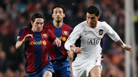 Cristiano Ronaldo y Lionel Messi en un FC Barcelona - Manchester United (2007)