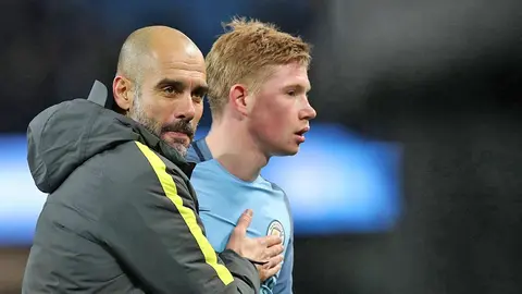 Manchester City Manager Pep Guardiola and Kevin De Bruyne of Manchester City after the English Premier League match at Etihad Stadium, Manchester. Picture date: January 2nd, 2017. Photo credit should read: Lynne Cameron/Sportimage via PA Images
