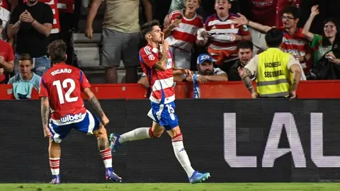 Carlos Neva manda callar a su propia afici&oacute;n tras marcar gol en el Granada CF - M&aacute;laga CF
