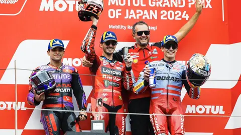 Podio del Gran Premio de Jap&oacute;n: Jorge Mart&iacute;, Pecco Bagnaia, Marc M&aacute;rquez | Twitter PeccoBagnaia