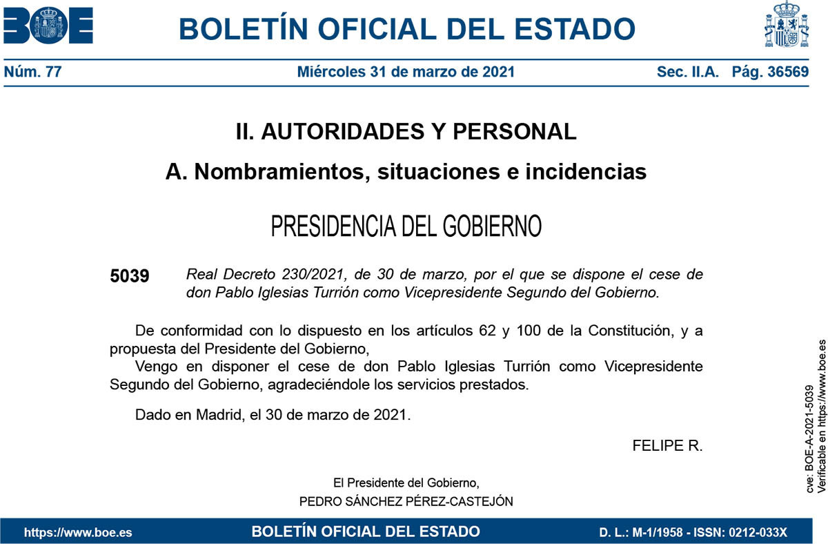 BOE Cese de Pablo Iglesias