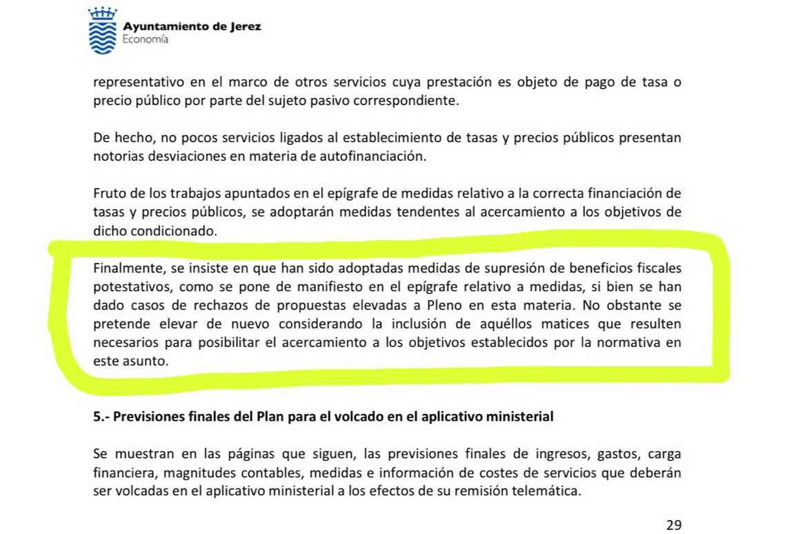 Documento de anuncio de subida de Impuestos en Jerez 