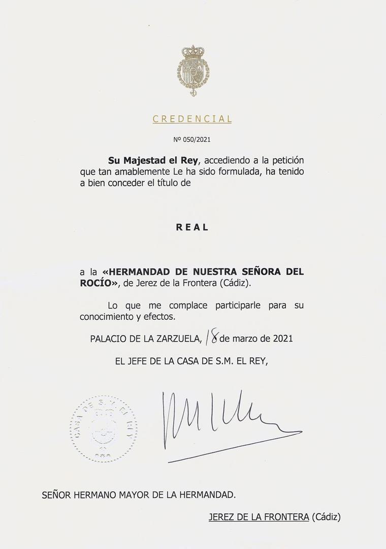 Carta de la Casa Real a la Hermandad del Rocío de <a data-cke-saved-href='https://www.elmira.es/seccion/jerez/' href='https://www.elmira.es/seccion/jerez/'
title='Jerez' target='_blank'>Jerez</a>