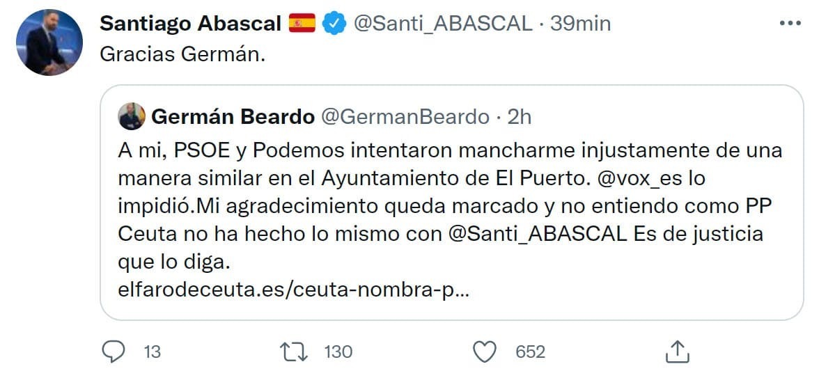 Santiago Abascal agradece su postura a Germán Beardo