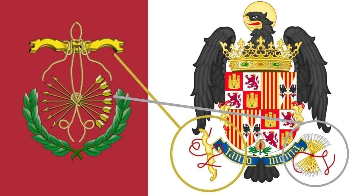 El Escudo de la bandera de Guadix se basa en el Escudo de los Reyes Católicos con el lema, el yugo, el haz de flechas y el mote tanto monta