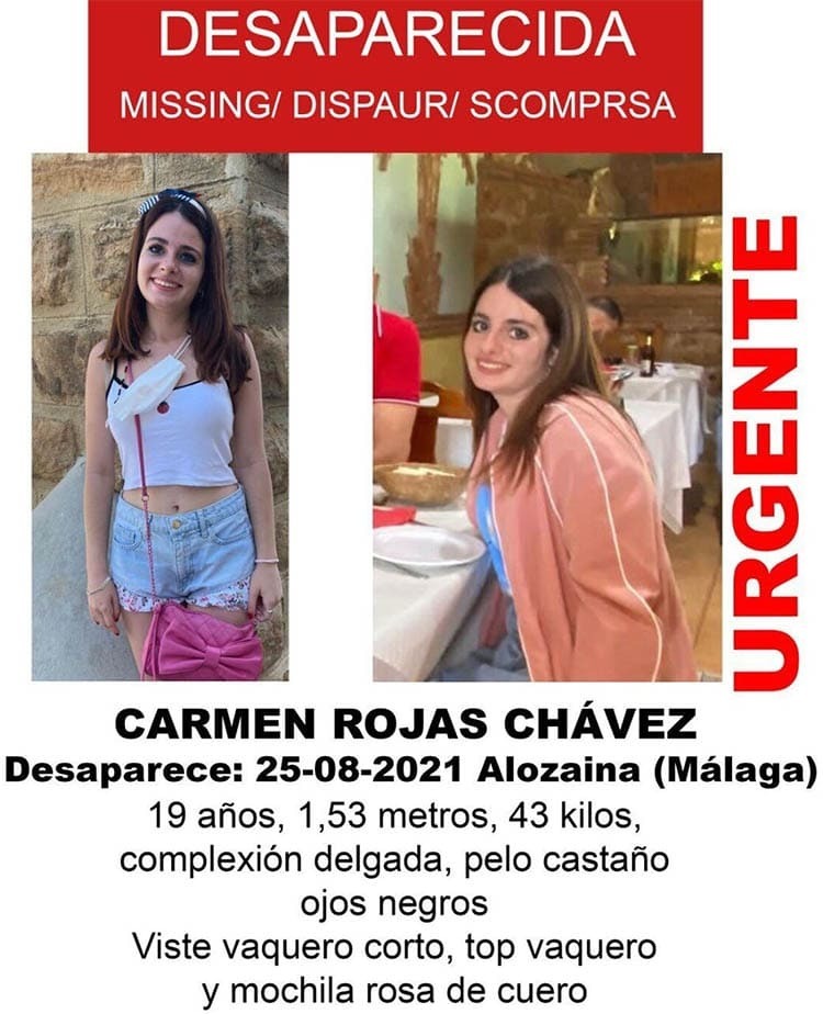 Desaparecida Carmen Rojas en Alozaina -Málaga, una chica de 19 años