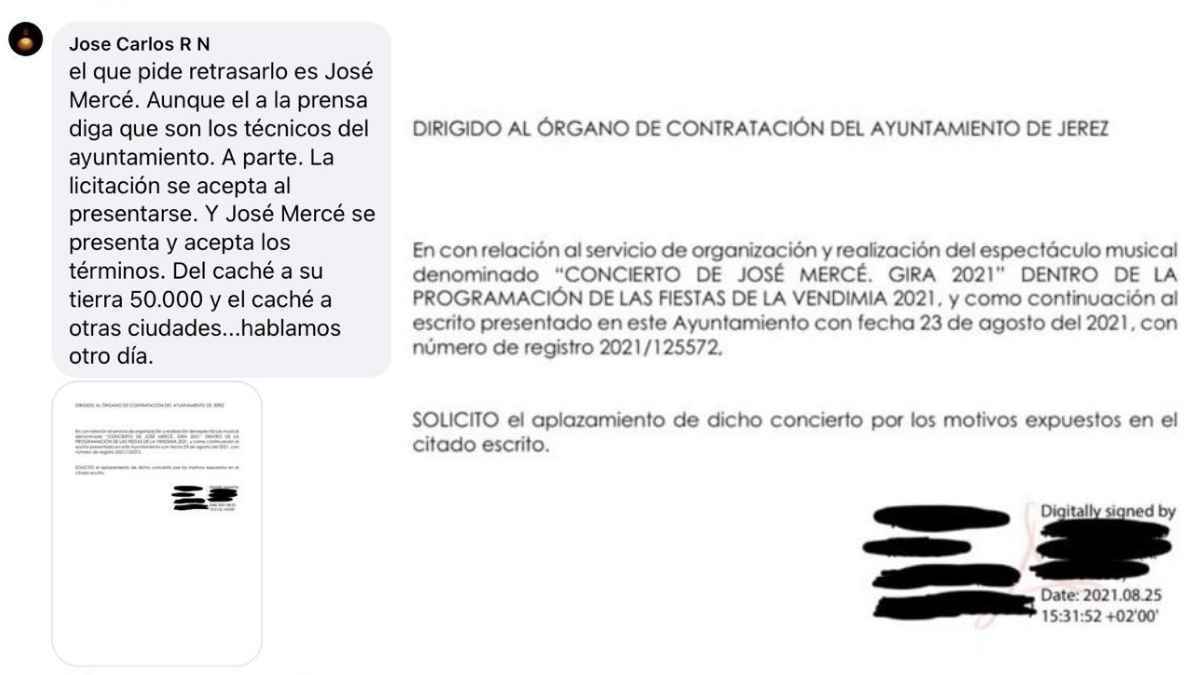 Un miembro del PSOE de Jerez difunde un documento de José Mercé filtrado por el Ayuntamiento 