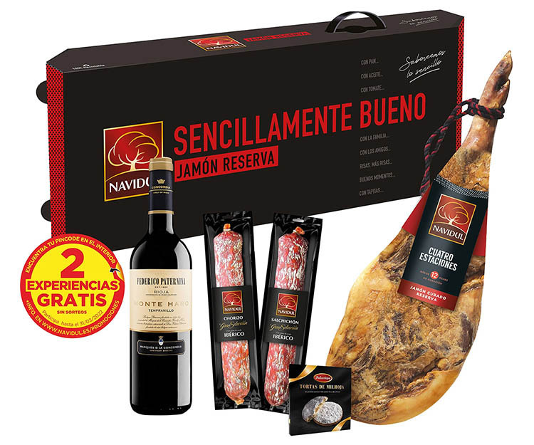 Lote de jamón curado reserva, embutidos ibéricos y vino NAVIDUL