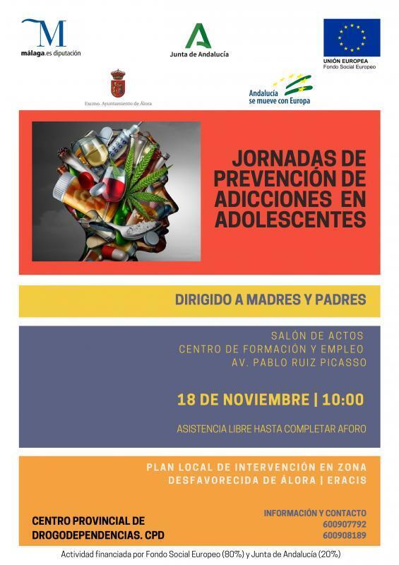 Cartel de la jornada de prevención de adicciones en adolescentes dirigidas a padres y madres de la Diputación de Málaga