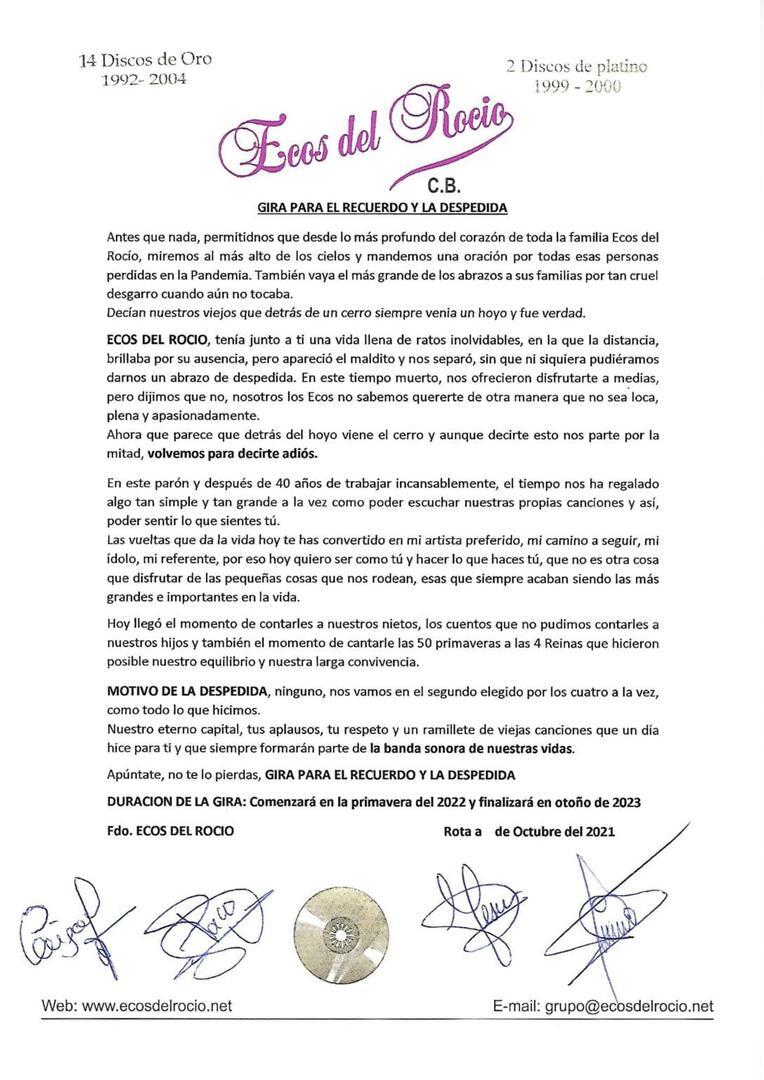 Comunicado oficial de la retirada de Ecos del Rocío