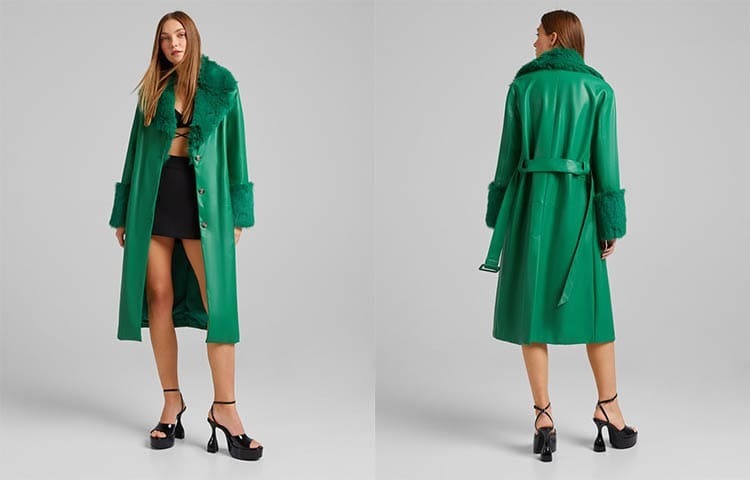 Abrigo verde efecto piel con pelo de Bershka 