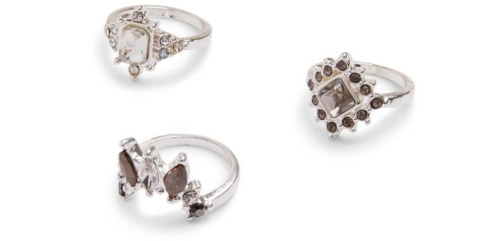 Pack de 3 anillos de cóctel plateados con strass