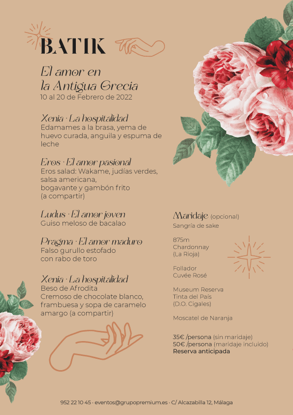 Menú de San Valentín del restaurante Batik, Málaga