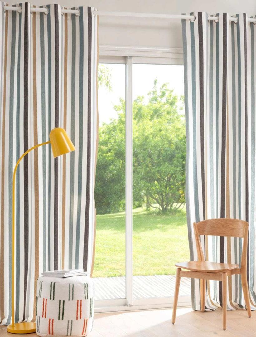 Cortina de ojales tejida a rayas azul, crudo y beige RIVET