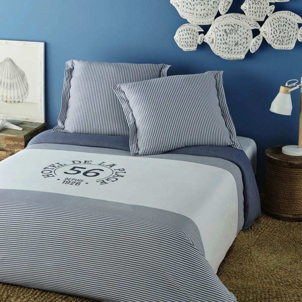 Juego de cama blanco con rayas azules OUESSANT