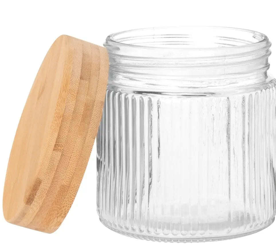 Frasco de cristal pequeño, estriado y con tapa de bambú