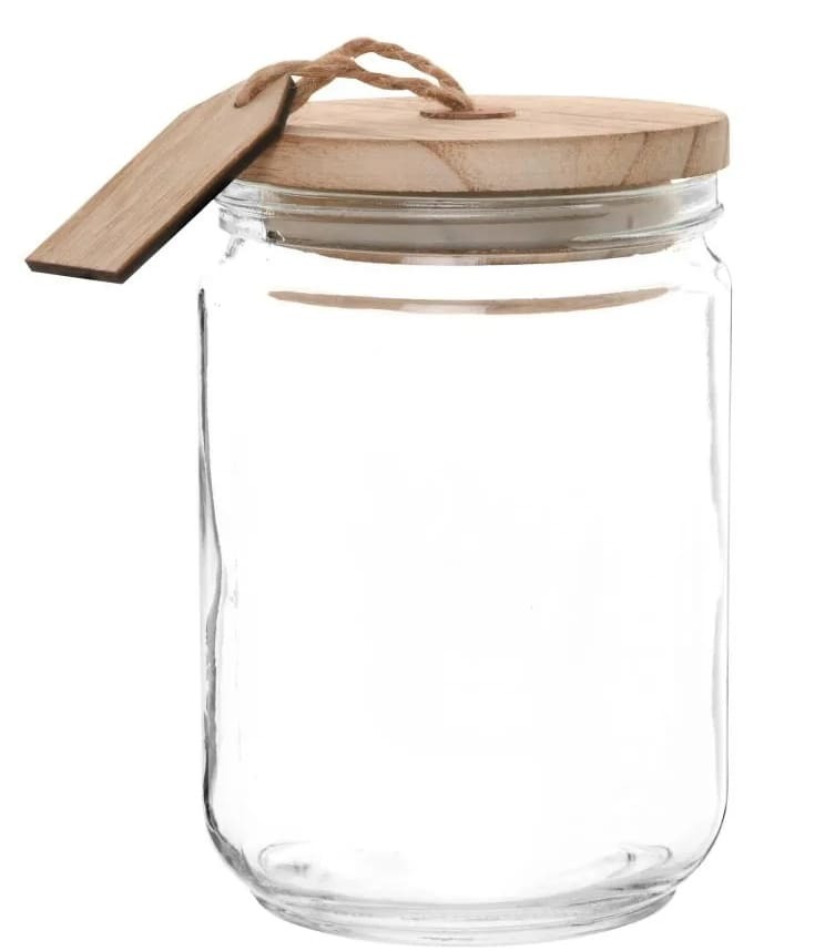 Frasco de cristal transparente y madera