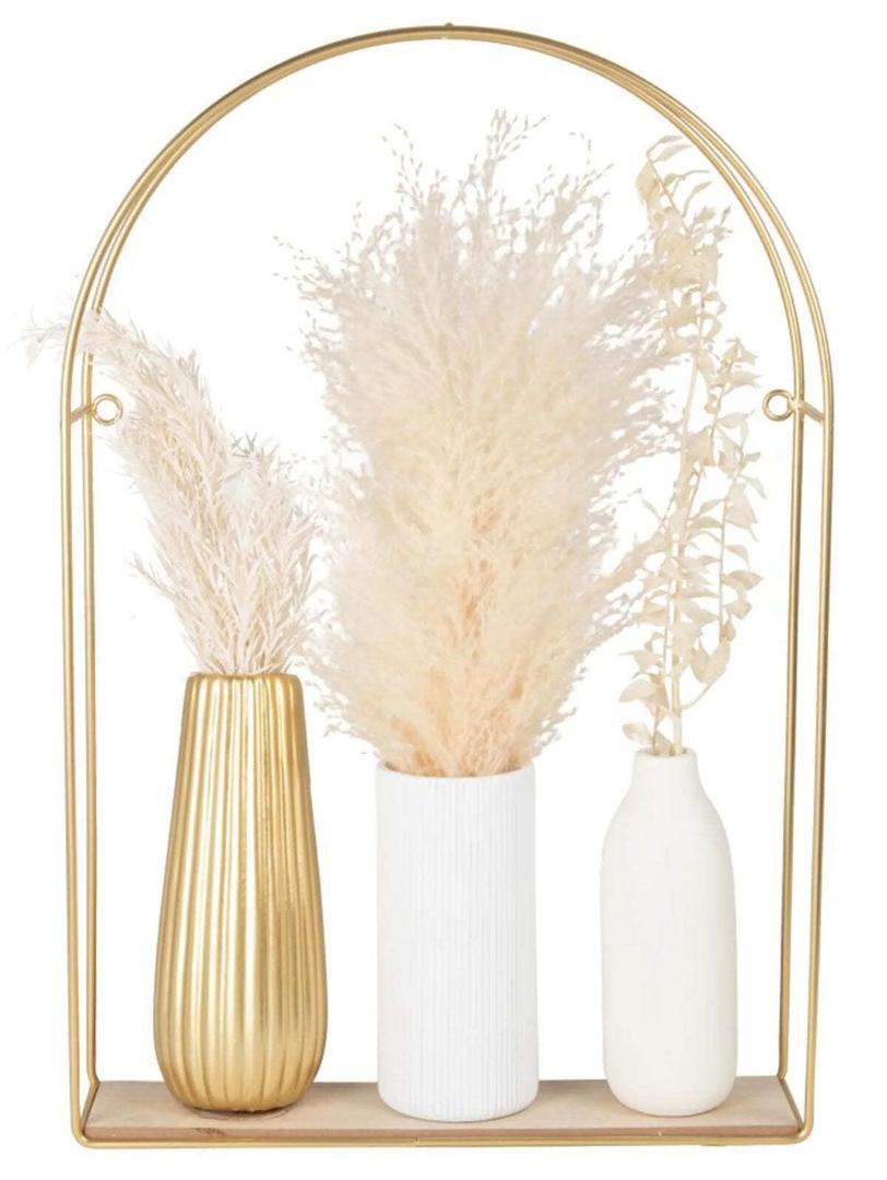 Estante de decoración de pared, jarrones y flores secas