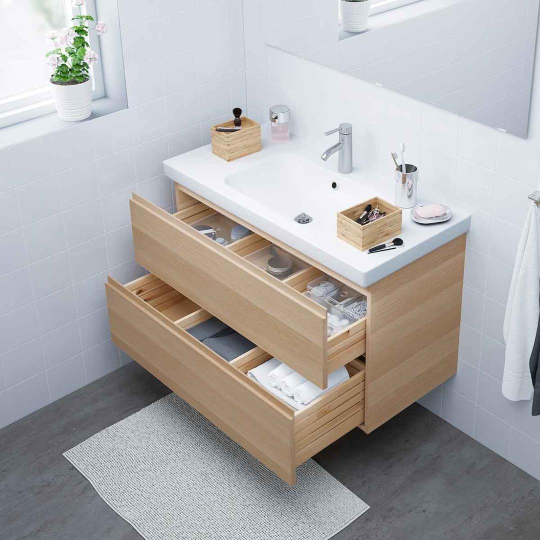 Armario lavabo 2 cajones, efecto roble tinte blanco/Dalskär grifo GODMORGON / ODENSVIK