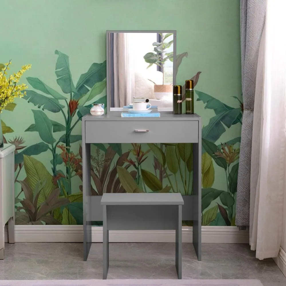 Tocador de maquillaje gris con espejo y cajón de Leroy Merlin