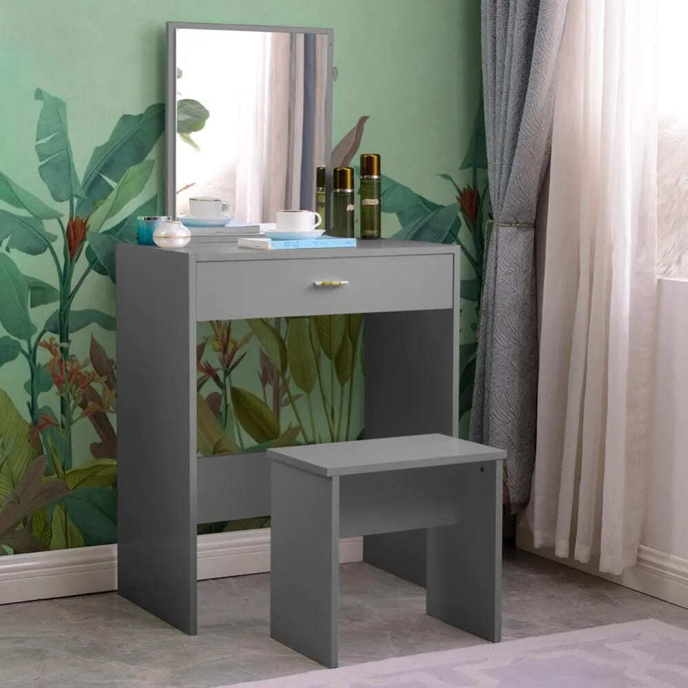 Tocador de maquillaje gris con espejo y cajón de Leroy Merlin