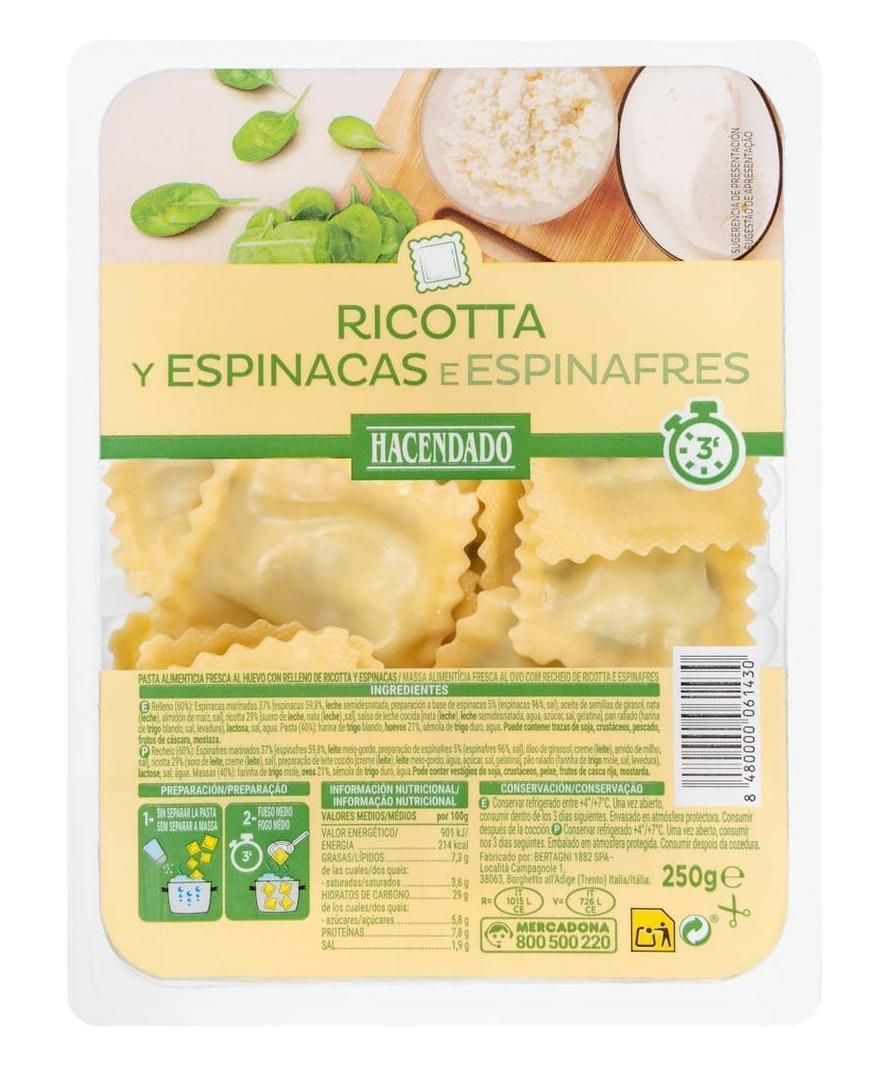 Pasta fresca ravioli de ricotta y espinacas Hacendado