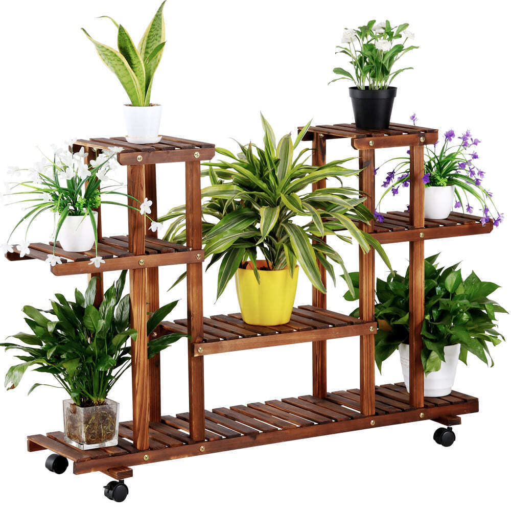 Estantería de madera para plantas y flores con ruedas