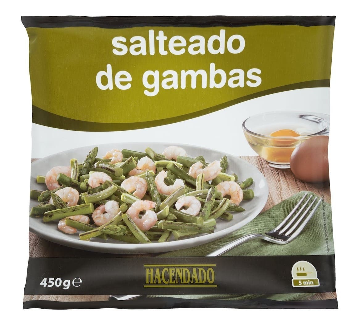 Salteado de gambas, ajetes y espárragos verdes ultracongelado Hacendado
