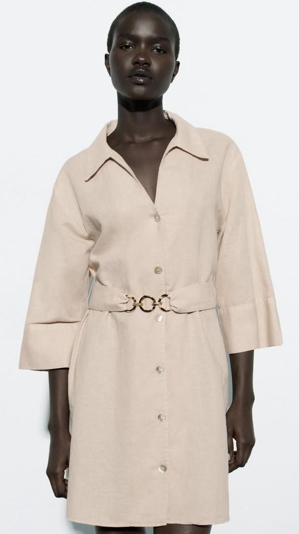Vestido corto camisero con cinturón de lino de Zara