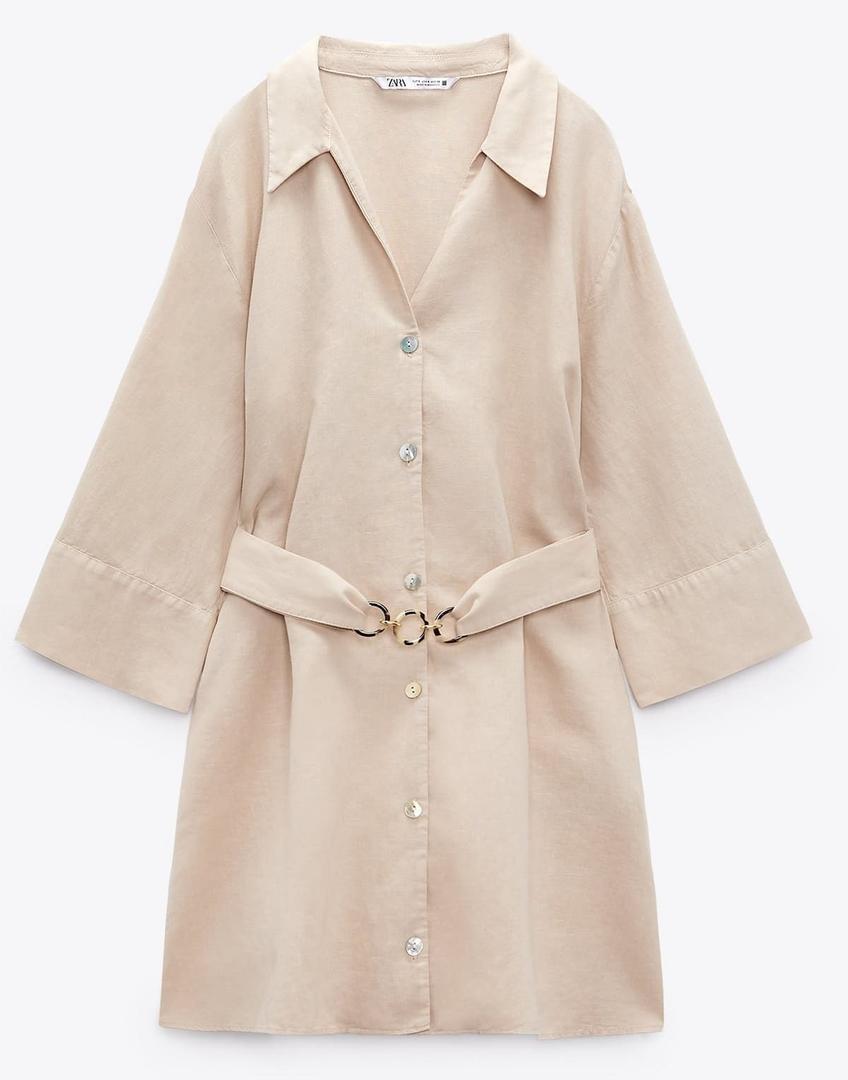 Vestido corto camisero con cinturón de lino de Zara