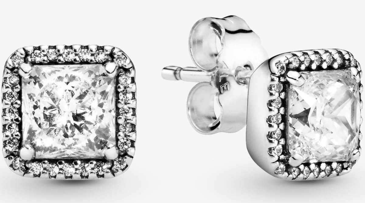Pendientes de botón cuadrados de plata con circonitas de Pandora