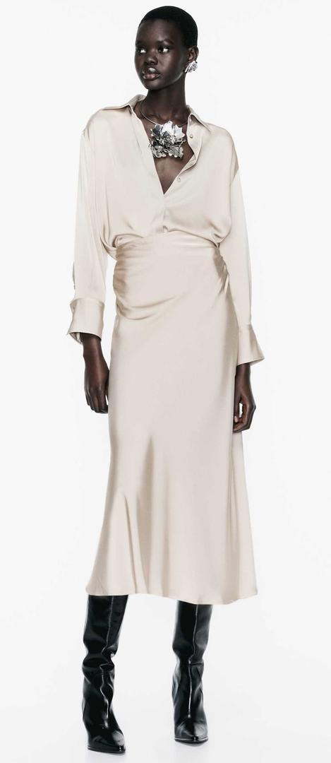 Camisa y falda midi satinada frunces de Zara