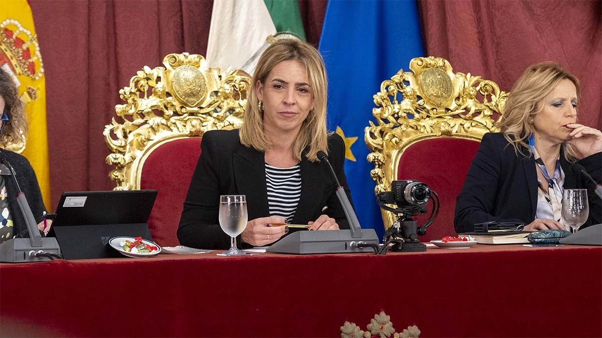 La presidenta de la Diputación de Cádiz, Almudena Martínez, durante el pleno de presuestos