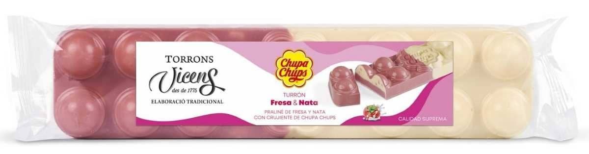 Turrón praliné de fresa y nata con crujiente de Chupa Chups Vicens 300 g