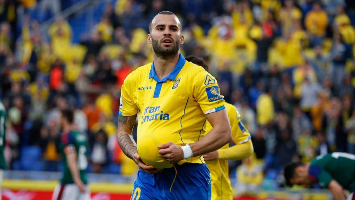 Jesé Rodríguez festeja un gol con la UD Las Palmas