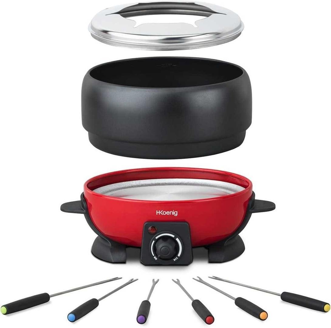 H.Koenig Fondue 6 Personas, 800 W, 2 litros, Capacidad de 2 l, 44 Decibeles, Acero, Rojo de Amazon