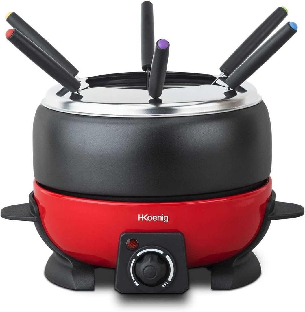 H.Koenig Fondue 6 Personas, 800 W, 2 litros, Capacidad de 2 l, 44 Decibeles, Acero, Rojo de Amazon